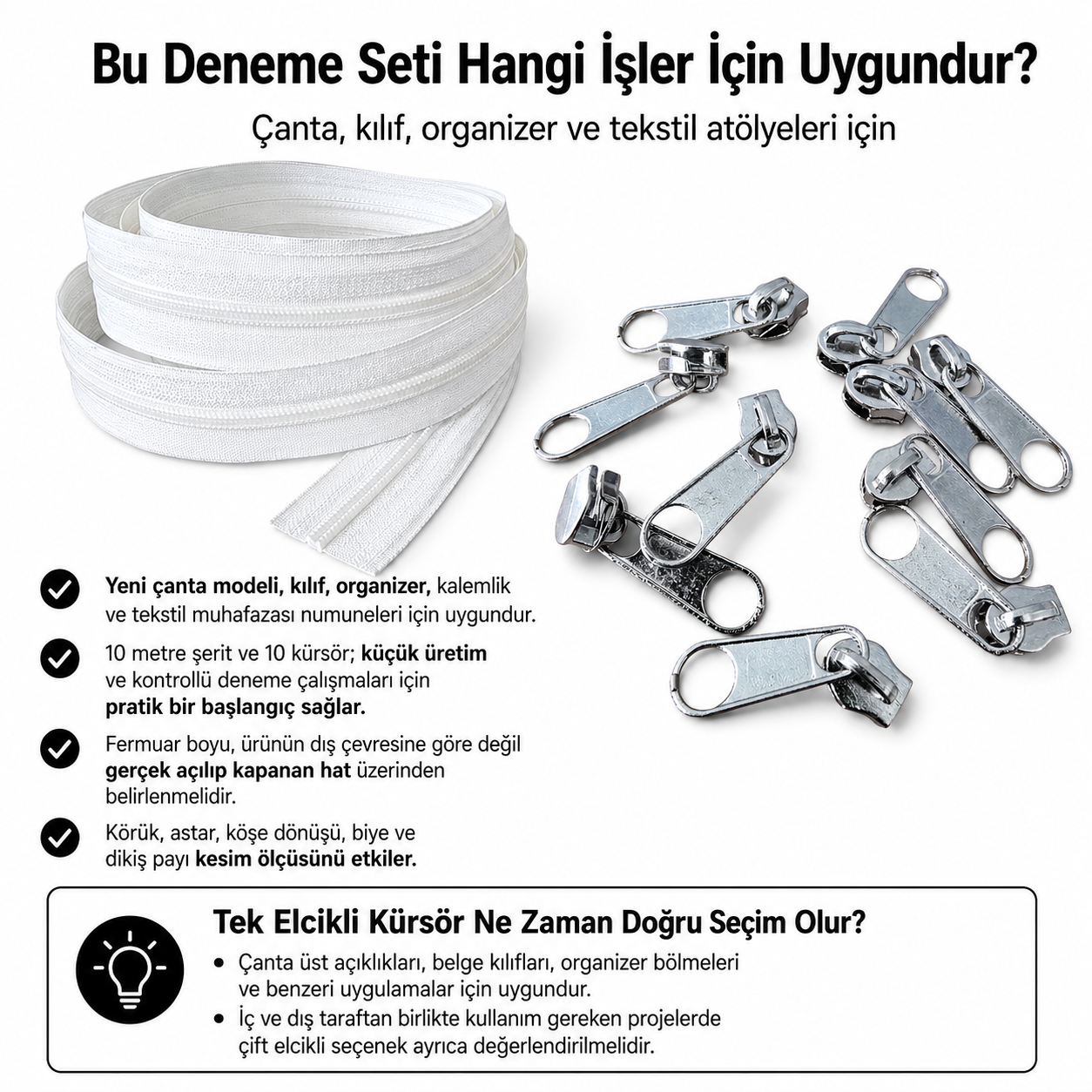 Atölyeler İçin Tip 10 Naylon Şerit Fermuar Deneme Seti – 10 Metre + 10 Tek Elcikli Kürsör ST-T10T-NAYLON-10M10C