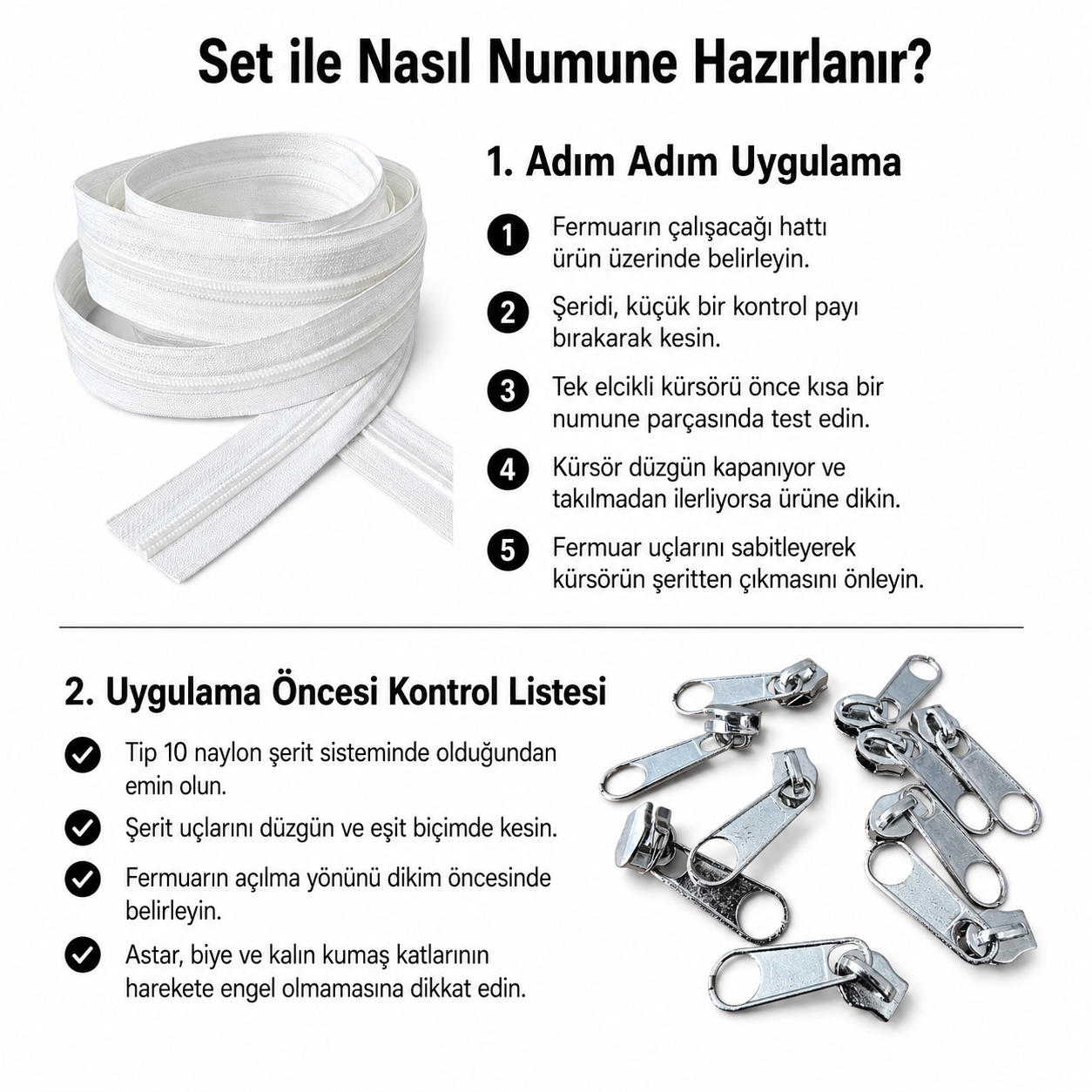 Atölyeler İçin Tip 10 Naylon Şerit Fermuar Deneme Seti – 10 Metre + 10 Tek Elcikli Kürsör ST-T10T-NAYLON-10M10C