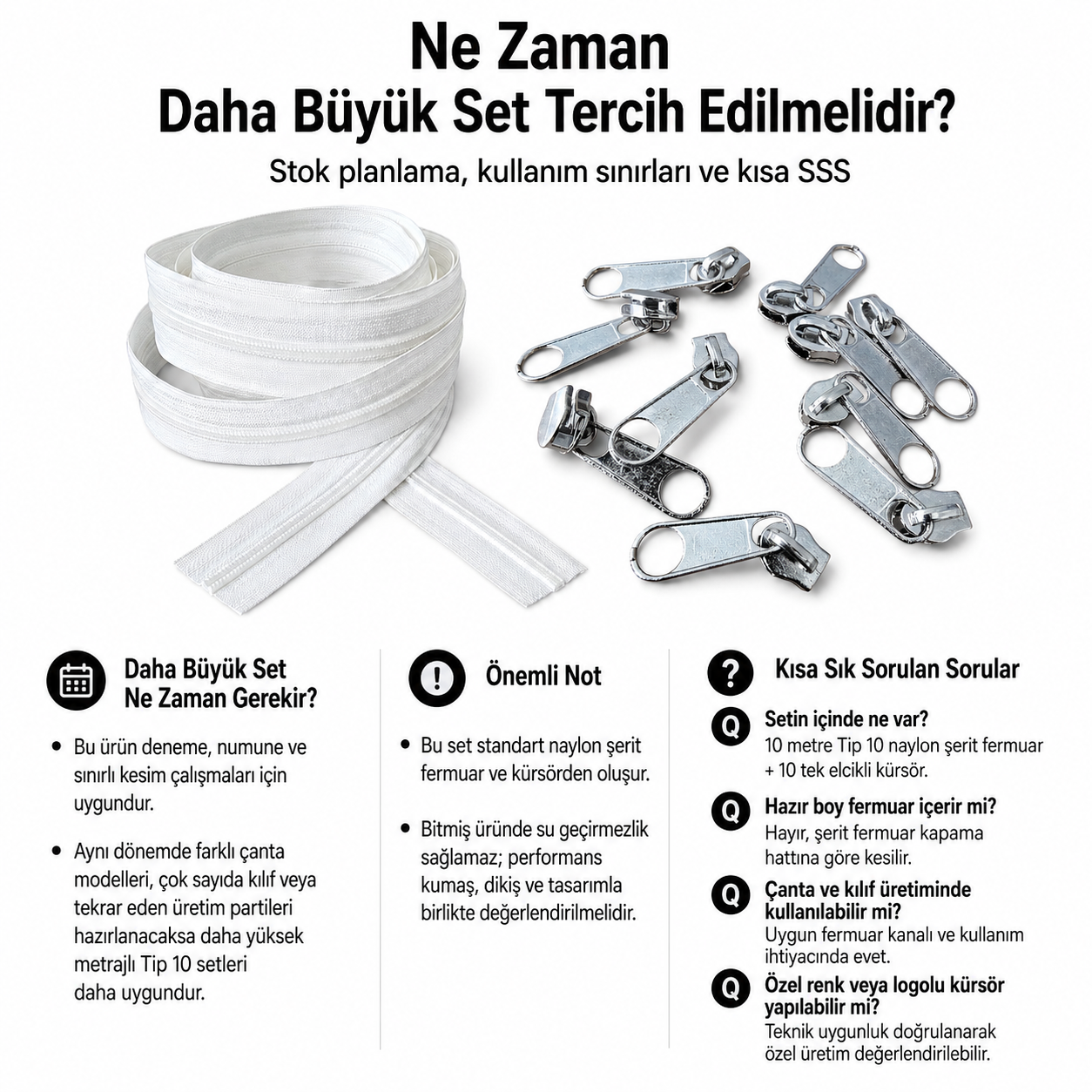 Atölyeler İçin Tip 10 Naylon Şerit Fermuar Deneme Seti – 10 Metre + 10 Tek Elcikli Kürsör ST-T10T-NAYLON-10M10C