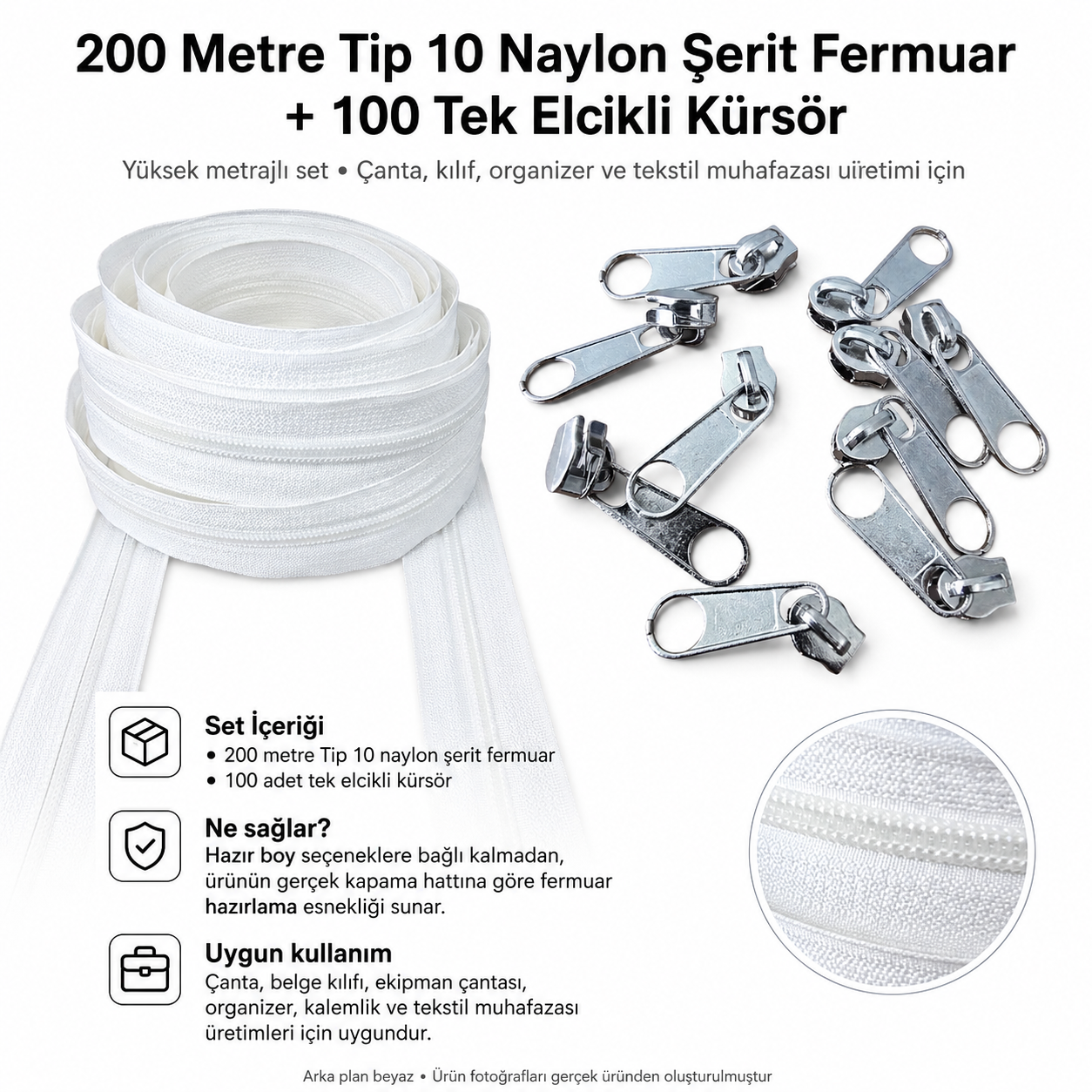 Atölyeler İçin Tip 10 Naylon Şerit Fermuar Orta Seviye Seti – 200 Metre + 100 Tek Elcikli Kürsör ST-T10T-NAYLON-200M100C