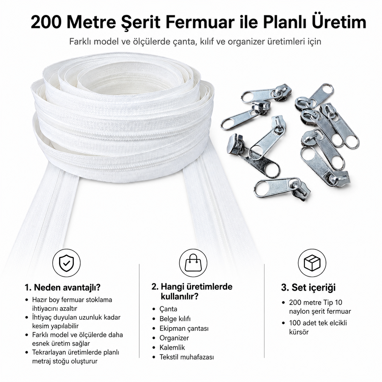 Atölyeler İçin Tip 10 Naylon Şerit Fermuar Orta Seviye Seti – 200 Metre + 100 Tek Elcikli Kürsör ST-T10T-NAYLON-200M100C