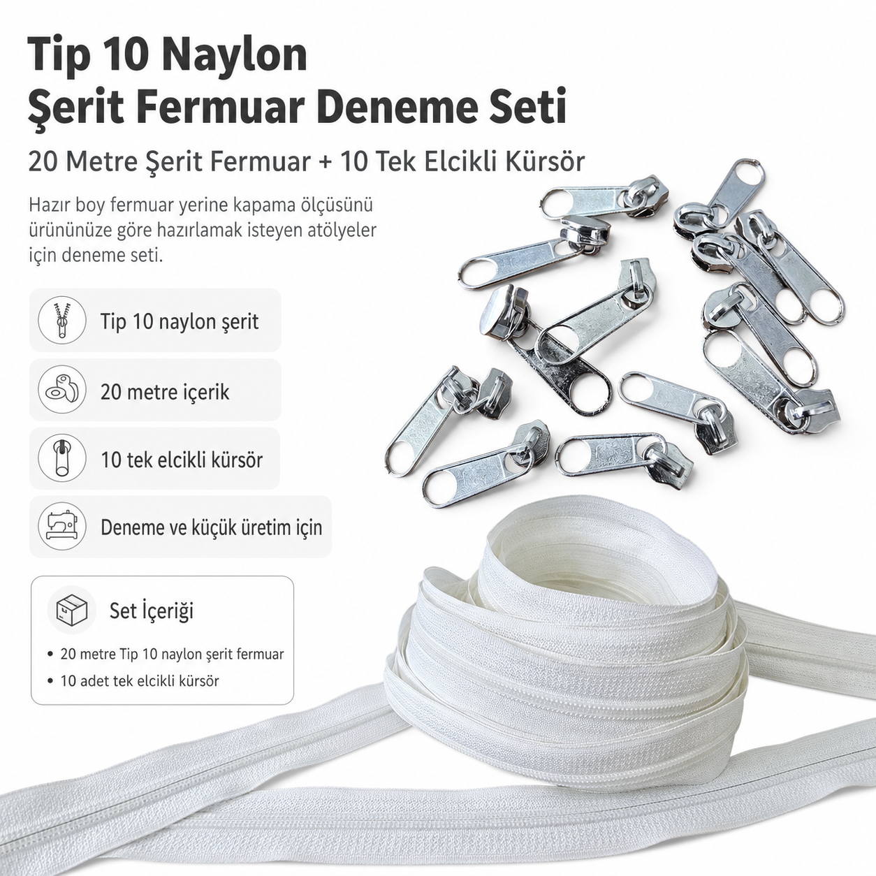 Atölyeler İçin Tip 10 Naylon Şerit Fermuar Deneme Seti – 20 Metre + 10 Tek Elcikli Kürsör ST-T10T-NAYLON-20M10C