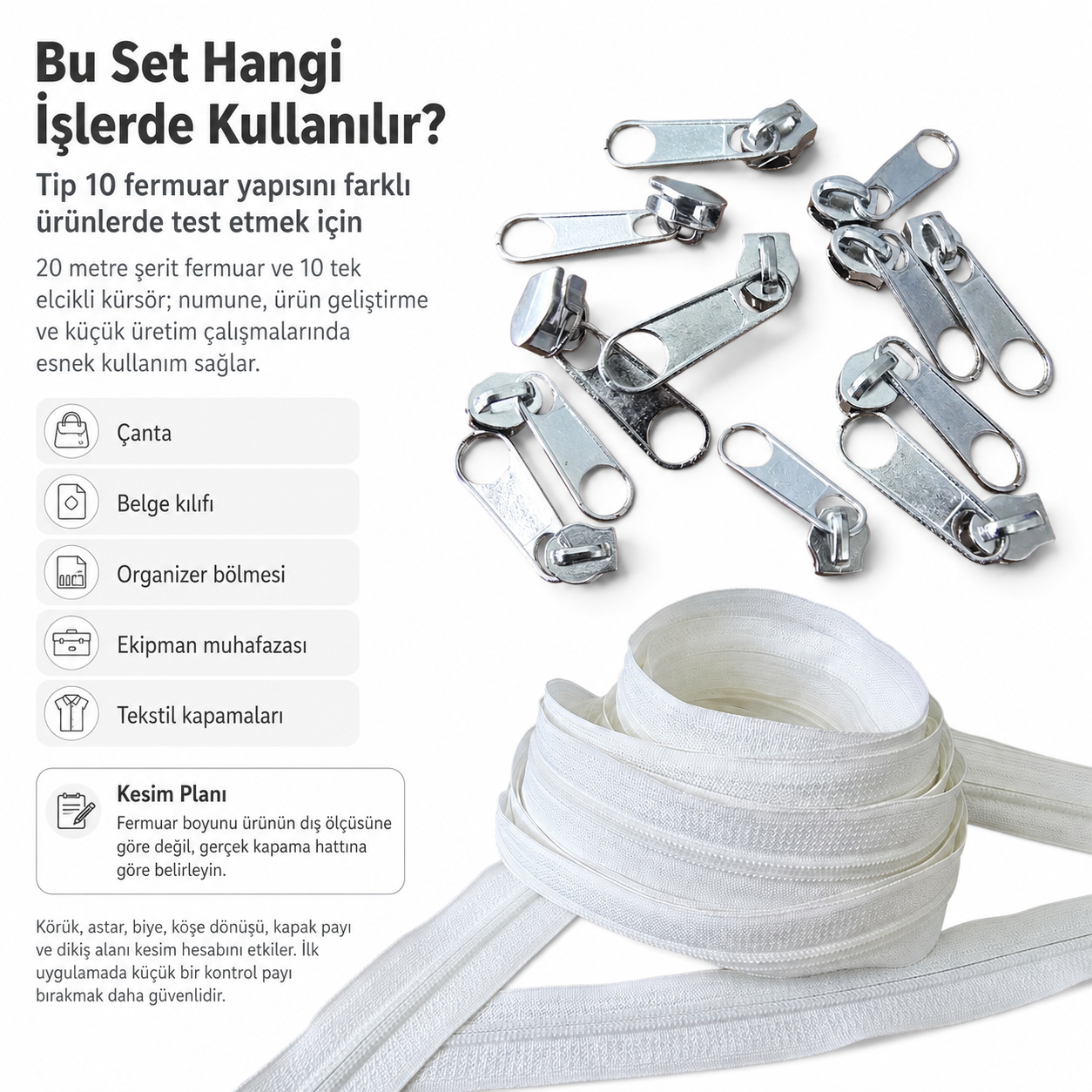 Atölyeler İçin Tip 10 Naylon Şerit Fermuar Deneme Seti – 20 Metre + 10 Tek Elcikli Kürsör ST-T10T-NAYLON-20M10C