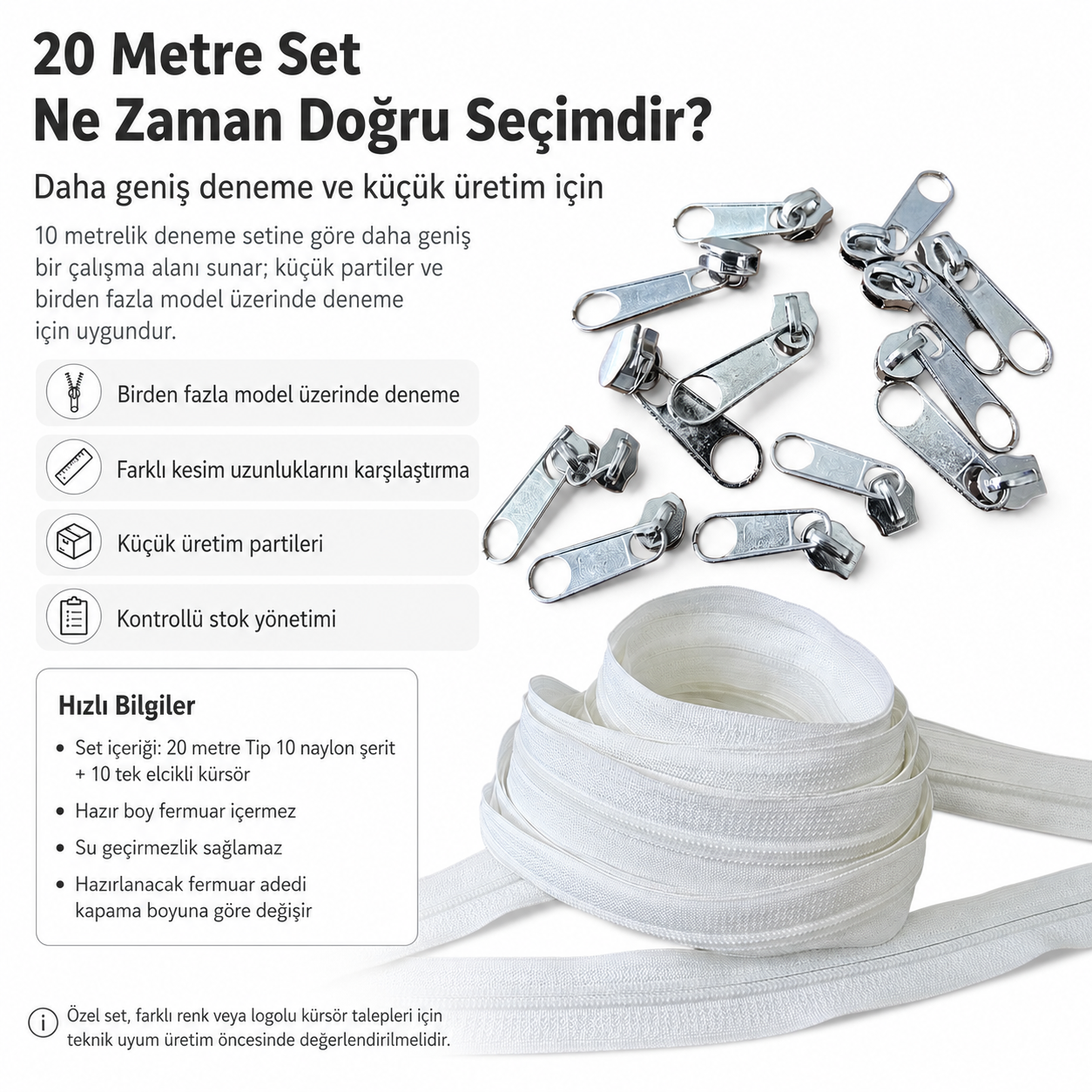 Atölyeler İçin Tip 10 Naylon Şerit Fermuar Deneme Seti – 20 Metre + 10 Tek Elcikli Kürsör ST-T10T-NAYLON-20M10C