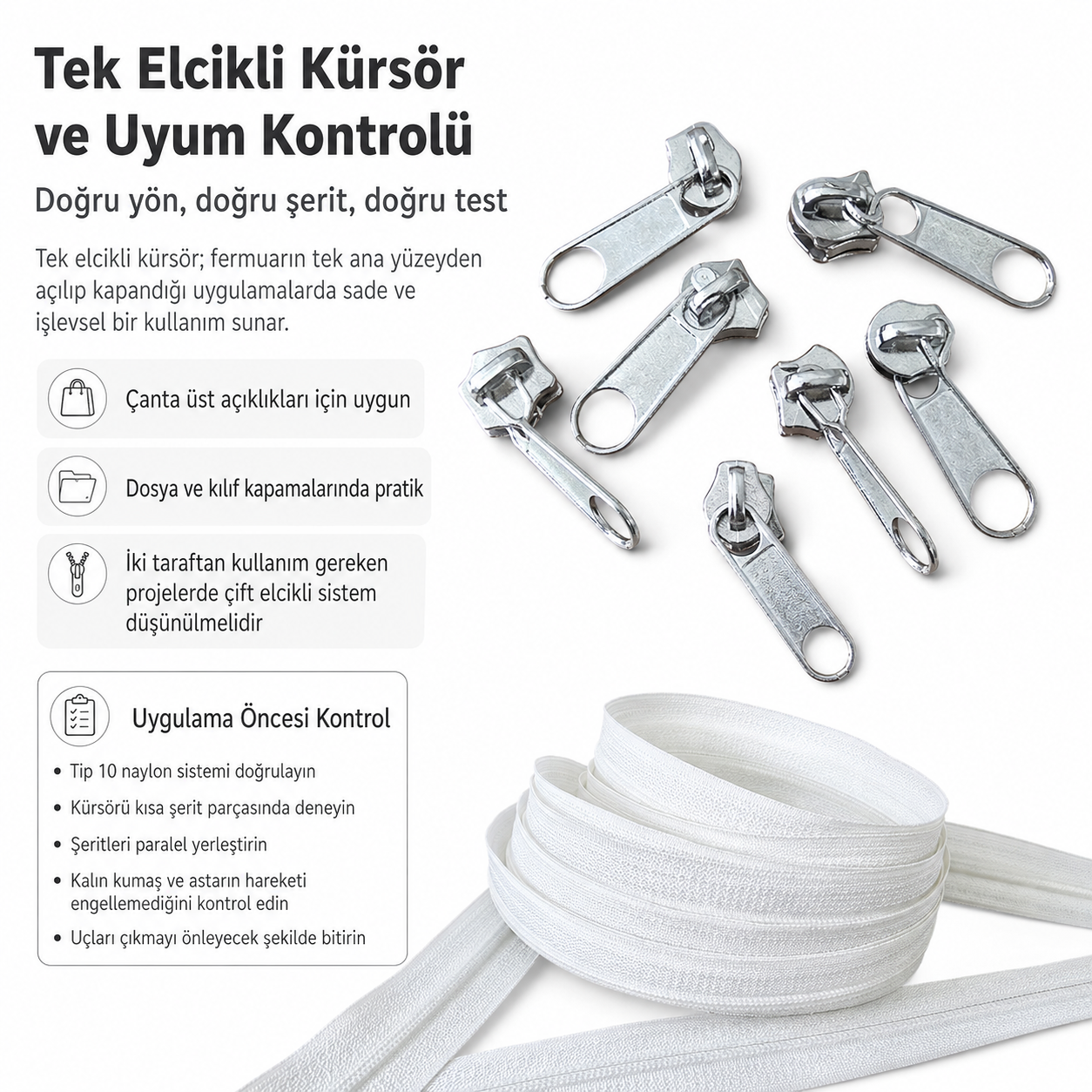 Atölyeler İçin Tip 10 Naylon Şerit Fermuar Deneme Seti – 20 Metre + 10 Tek Elcikli Kürsör ST-T10T-NAYLON-20M10C