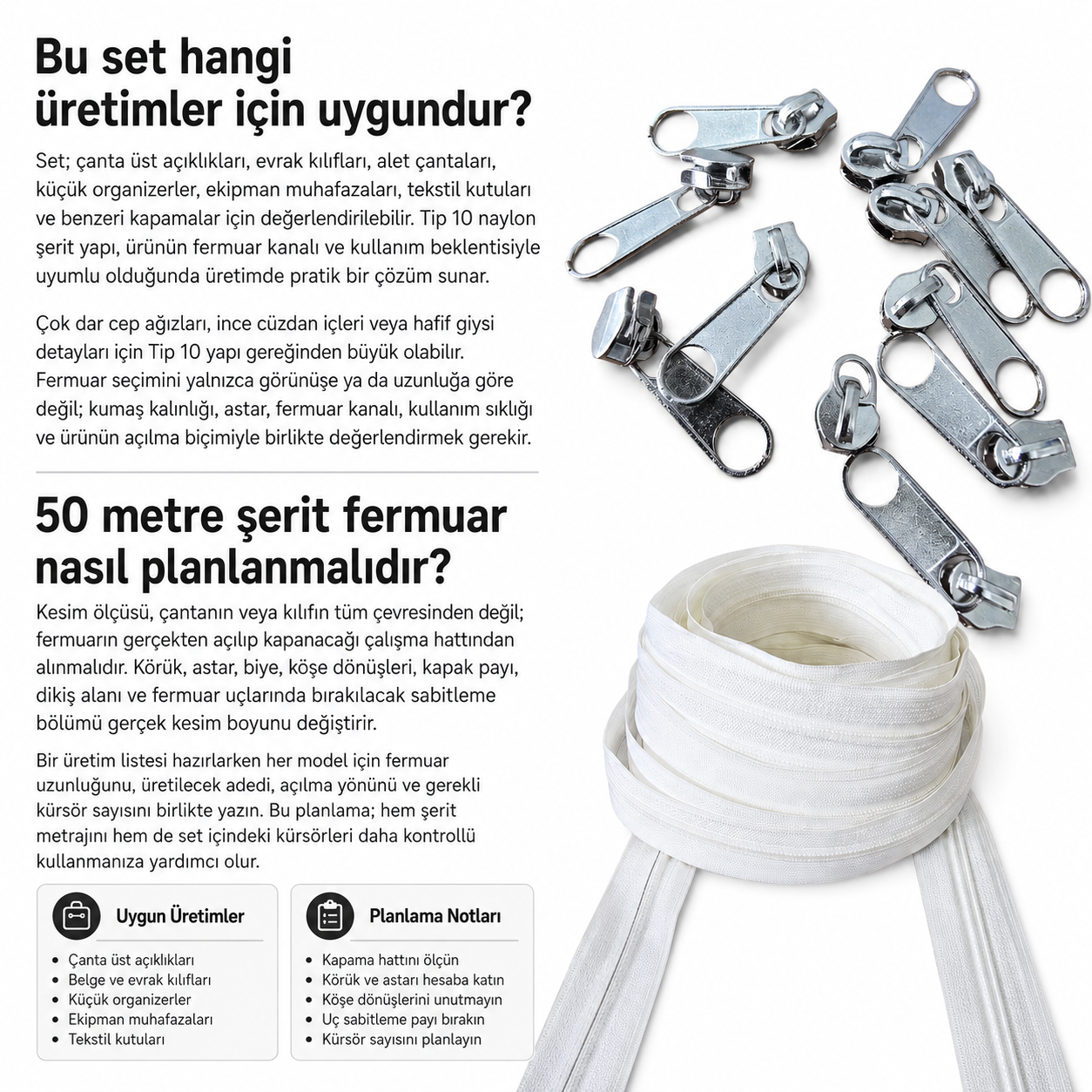 Atölyeler İçin Tip 10 Naylon Şerit Fermuar Orta Seviye – 50 Metre + 25 Tek Elcikli Kürsör ST-T10T-NAYLON-50M25C