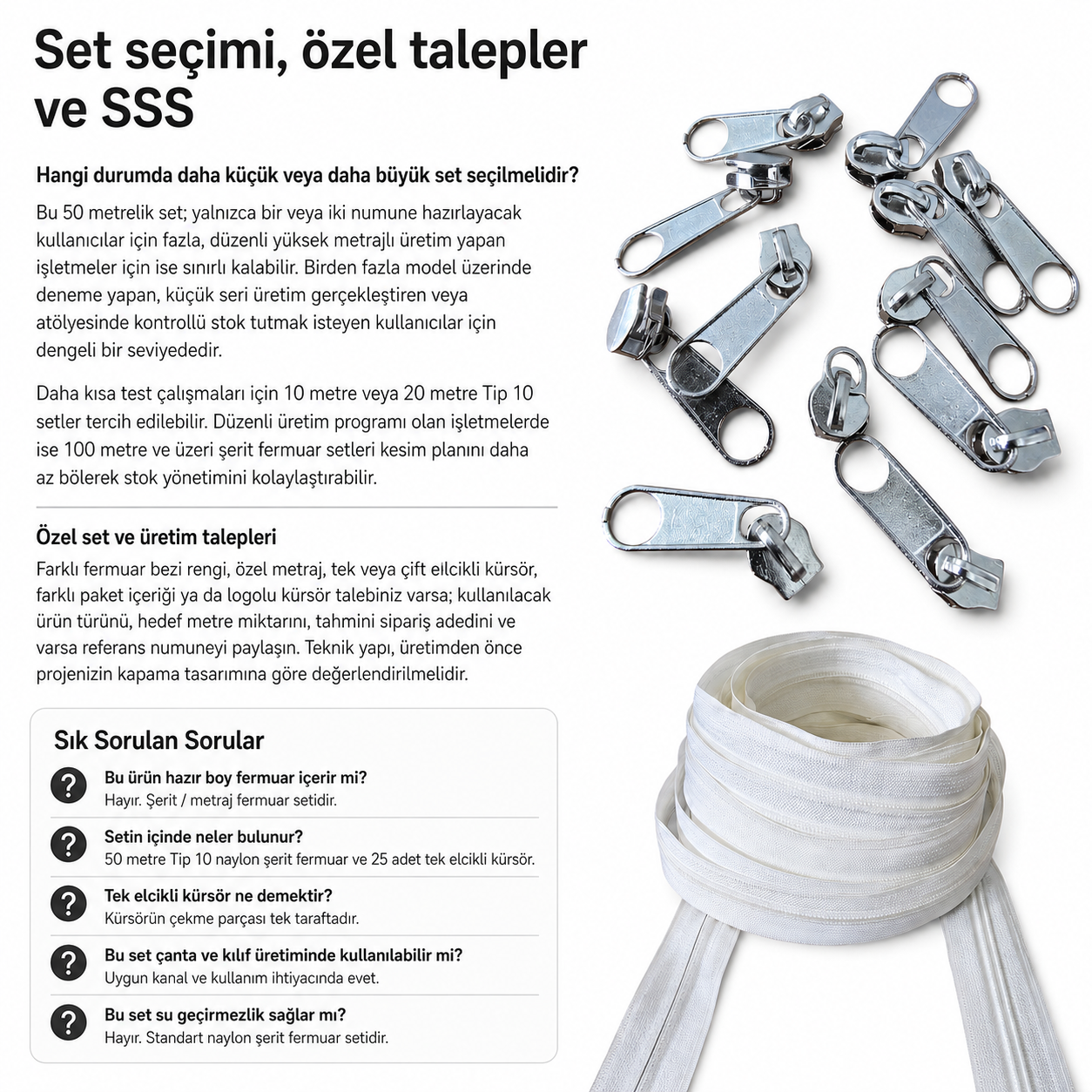 Atölyeler İçin Tip 10 Naylon Şerit Fermuar Orta Seviye – 50 Metre + 25 Tek Elcikli Kürsör ST-T10T-NAYLON-50M25C