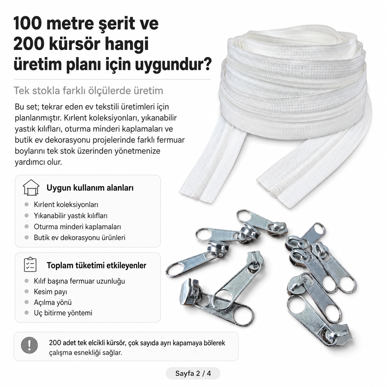 Kırlent ve Yastık Kılıfları İçin Tip 5 Naylon Şerit Fermuar Orta Seviye Seti – 100 Metre + 200 Tek Elcikli Kürsör ST-T5T-NAYLON-100M200K