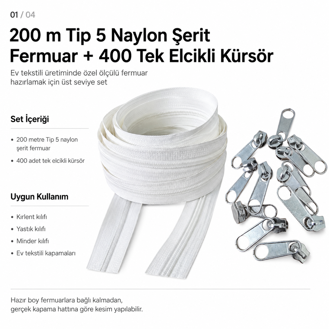 Kırlent ve Yastık Kılıfları İçin Tip 5 Naylon Şerit Fermuar Üst Seviye Seti – 200 Metre + 400 Tek Elcikli Kürsör ST-T5T-NAYLON-200M400K