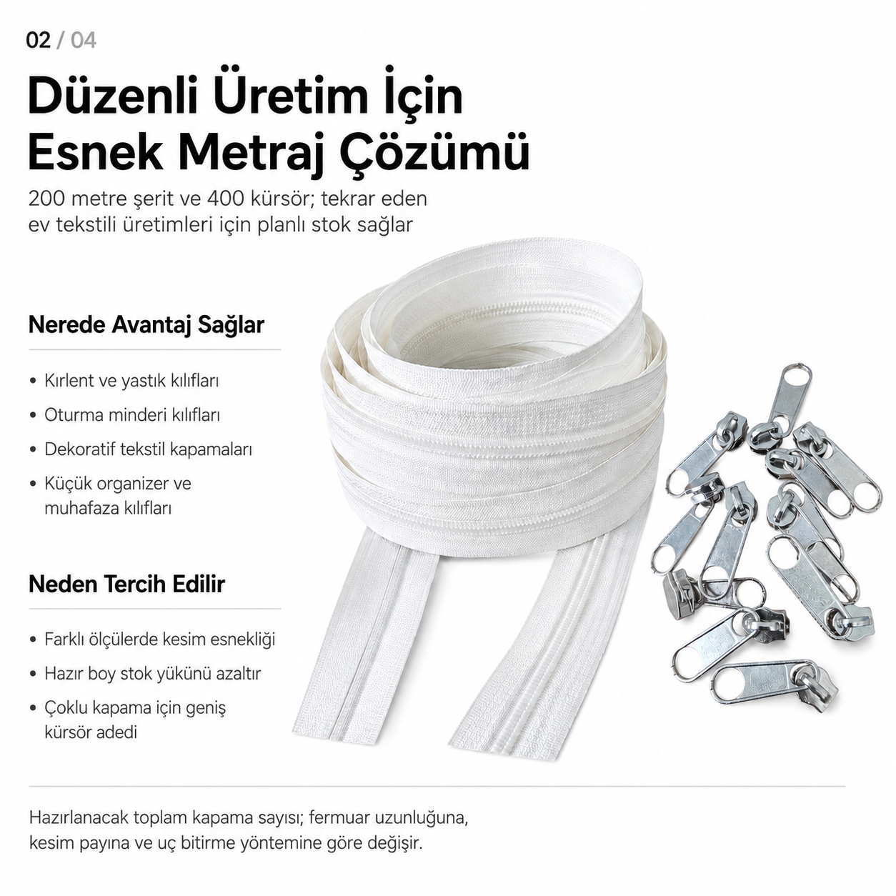 Kırlent ve Yastık Kılıfları İçin Tip 5 Naylon Şerit Fermuar Üst Seviye Seti – 200 Metre + 400 Tek Elcikli Kürsör ST-T5T-NAYLON-200M400K