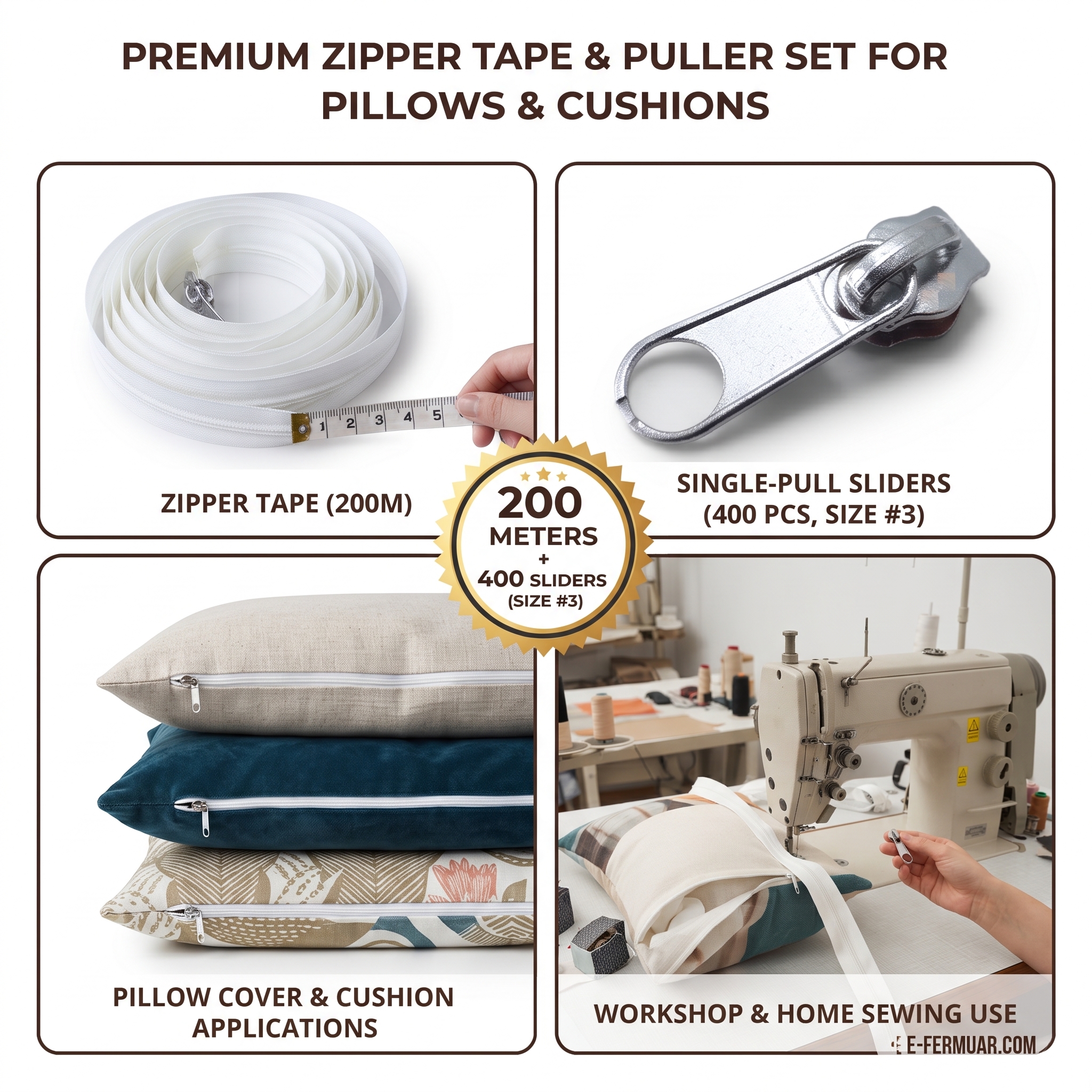 #3 Nylon Zipper Tape Top Level Set for Cushion and Pillow Covers – 200 Meters + 400 Single Handle Sliders ST-T5T-NAYLON-200M400K