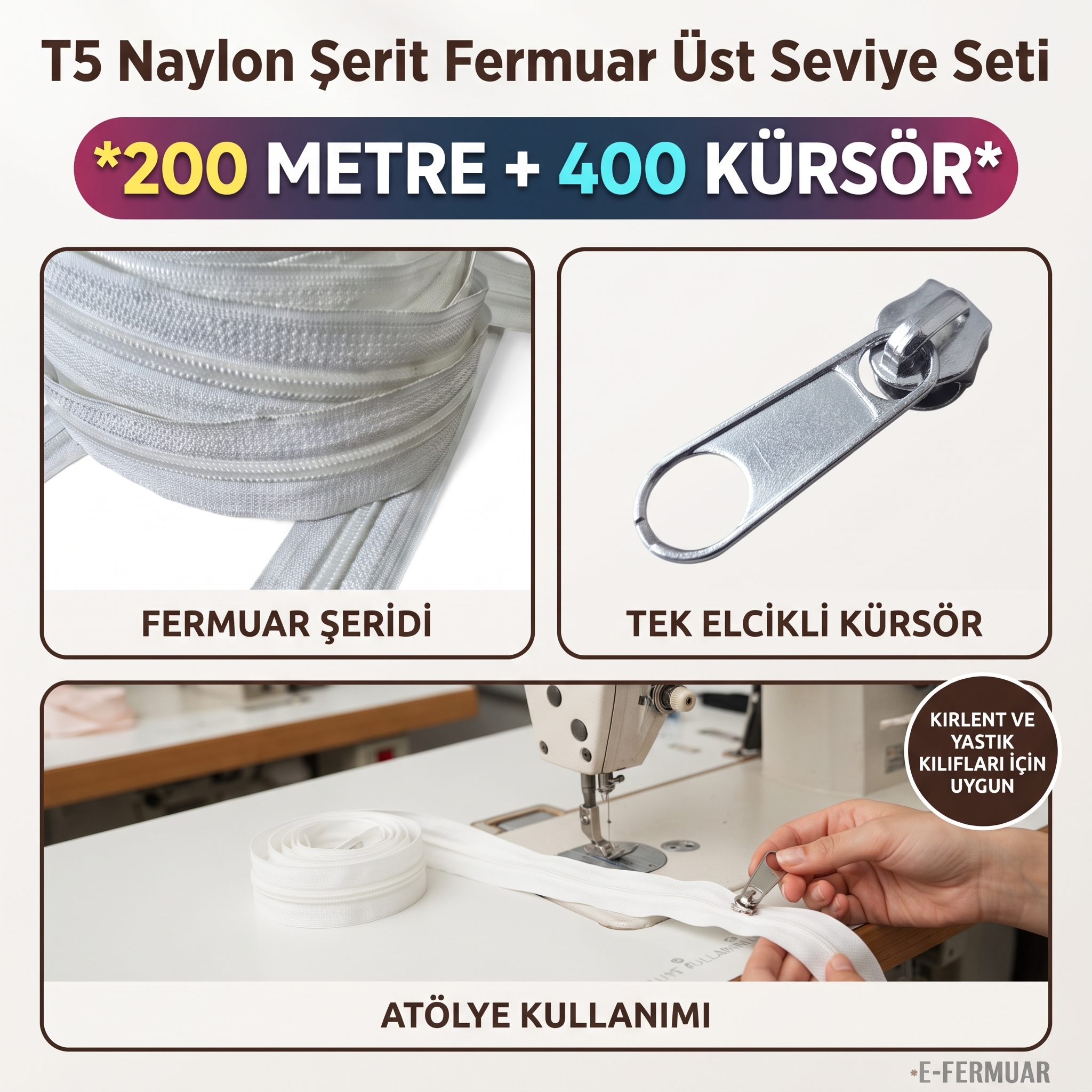 #3 Nylon Zipper Tape Top Level Set for Cushion and Pillow Covers – 200 Meters + 400 Single Handle Sliders ST-T5T-NAYLON-200M400K