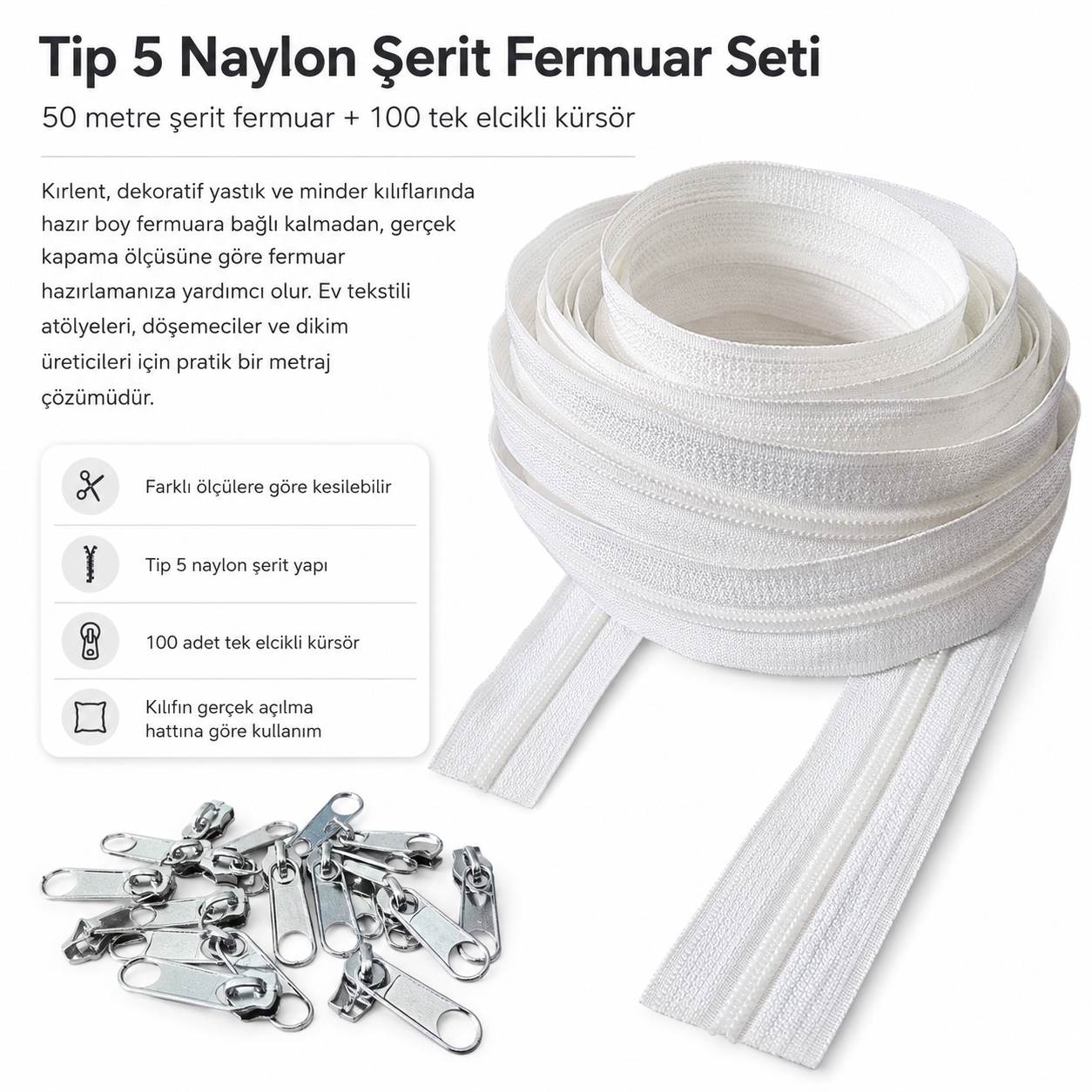 Kırlent ve Yastık Kılıfları İçin Tip 5 Naylon Şerit Fermuar Orta Seviye Seti – 50 Metre + 100 Tek Elcikli Kürsör ST-T5T-NAYLON-50M100K