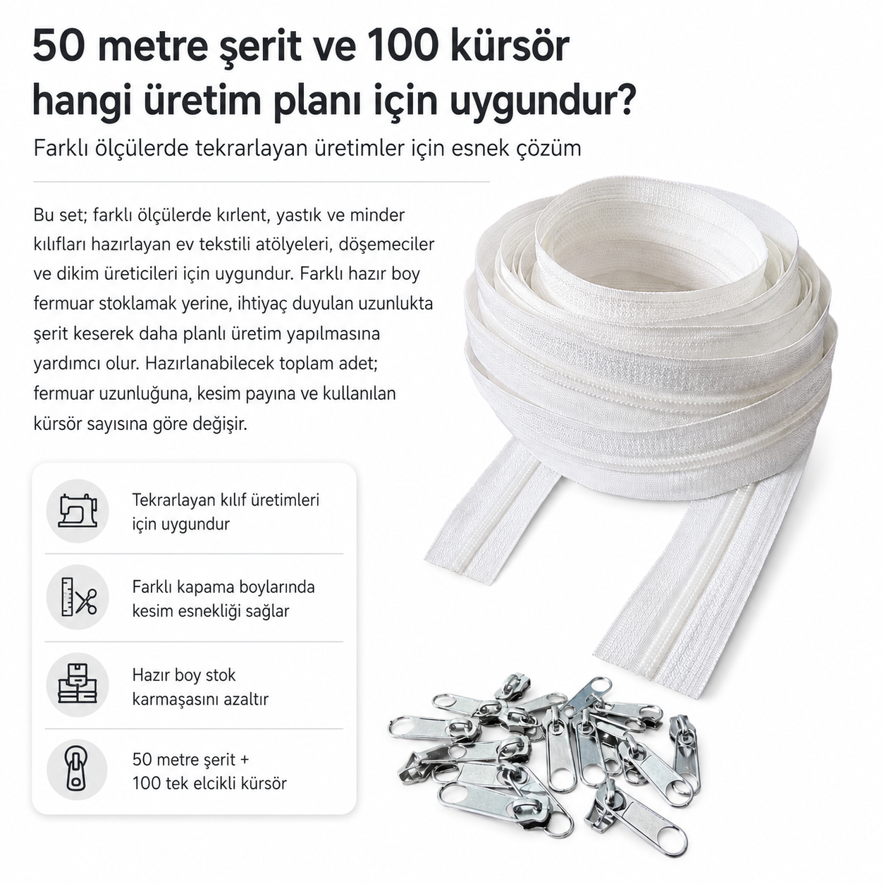 Kırlent ve Yastık Kılıfları İçin Tip 5 Naylon Şerit Fermuar Orta Seviye Seti – 50 Metre + 100 Tek Elcikli Kürsör ST-T5T-NAYLON-50M100K