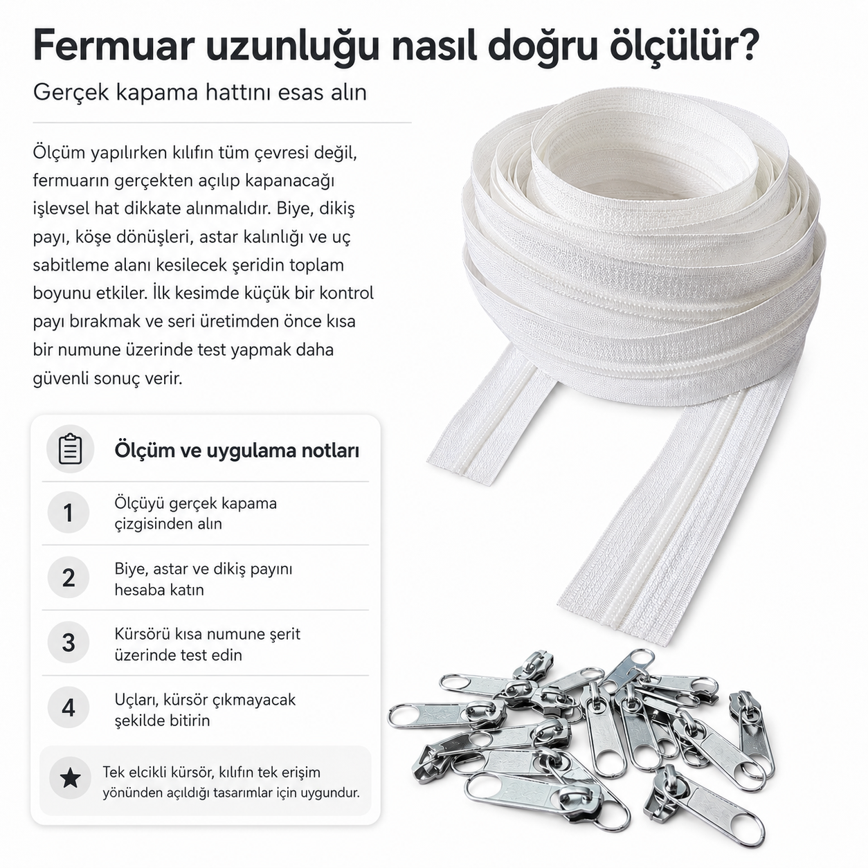 Kırlent ve Yastık Kılıfları İçin Tip 5 Naylon Şerit Fermuar Orta Seviye Seti – 50 Metre + 100 Tek Elcikli Kürsör ST-T5T-NAYLON-50M100K