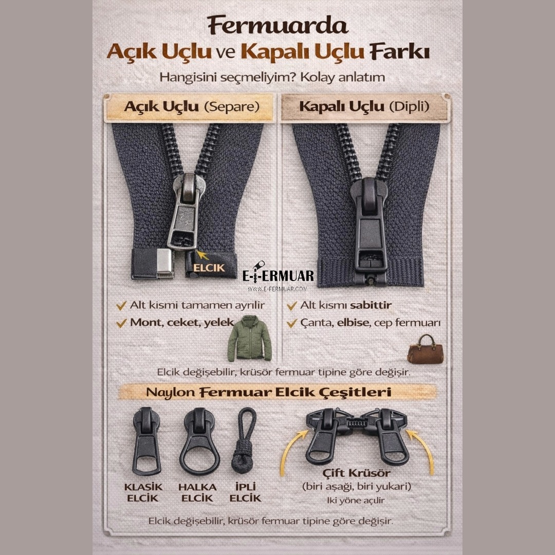 Fermuarda Açık Uçlu ve Kapalı Uçlu Farkı – Separe ve Dipli Fermuar | E-Fermuar