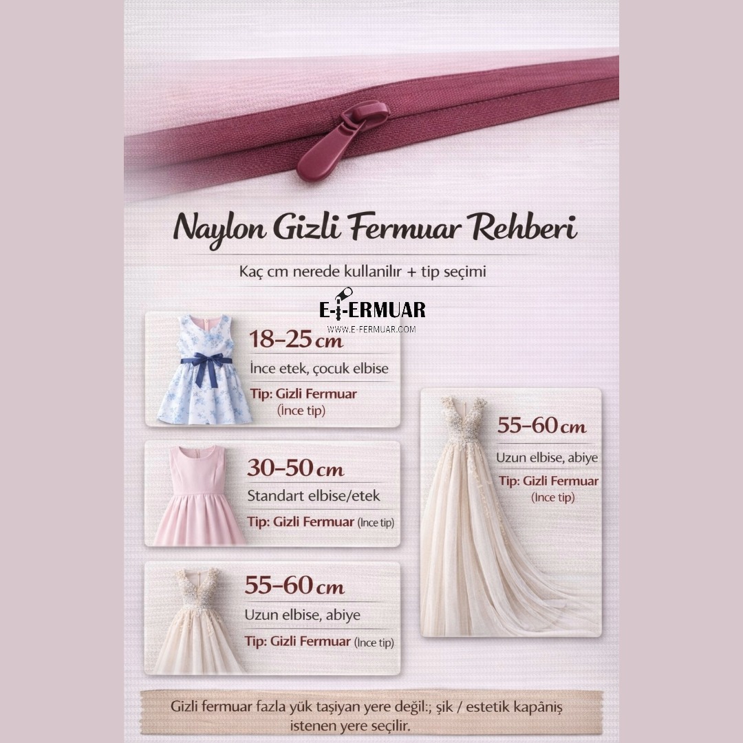 Naylon Gizli Fermuar Rehberi – 18-25cm 30-50cm 55-60cm Kullanım | E-Fermuar