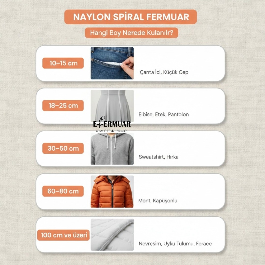 Naylon Spiral Fermuar Hangi Boy Nerede Kullanılır – 10cm'den 100cm'e | E-Fermuar